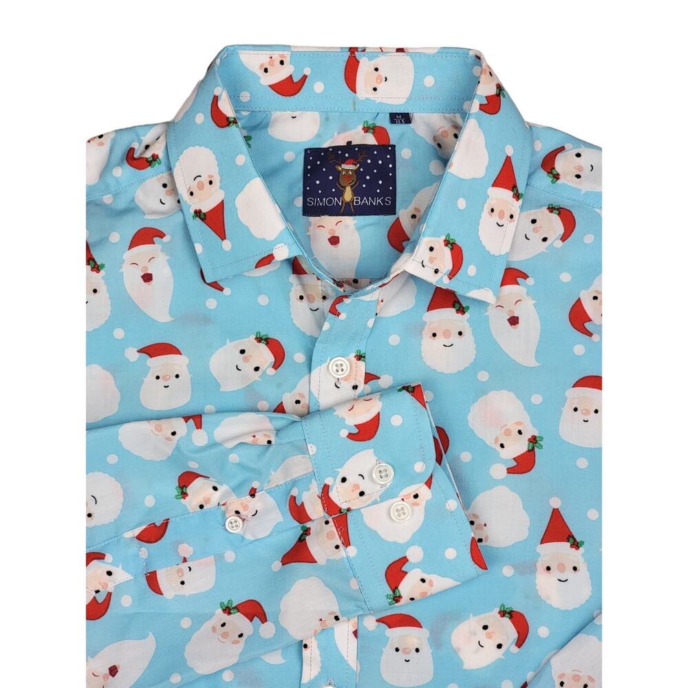 NWT Simon‎ Banks Men's Long Sleeve Blue Santa Button Up Shirt Size: M